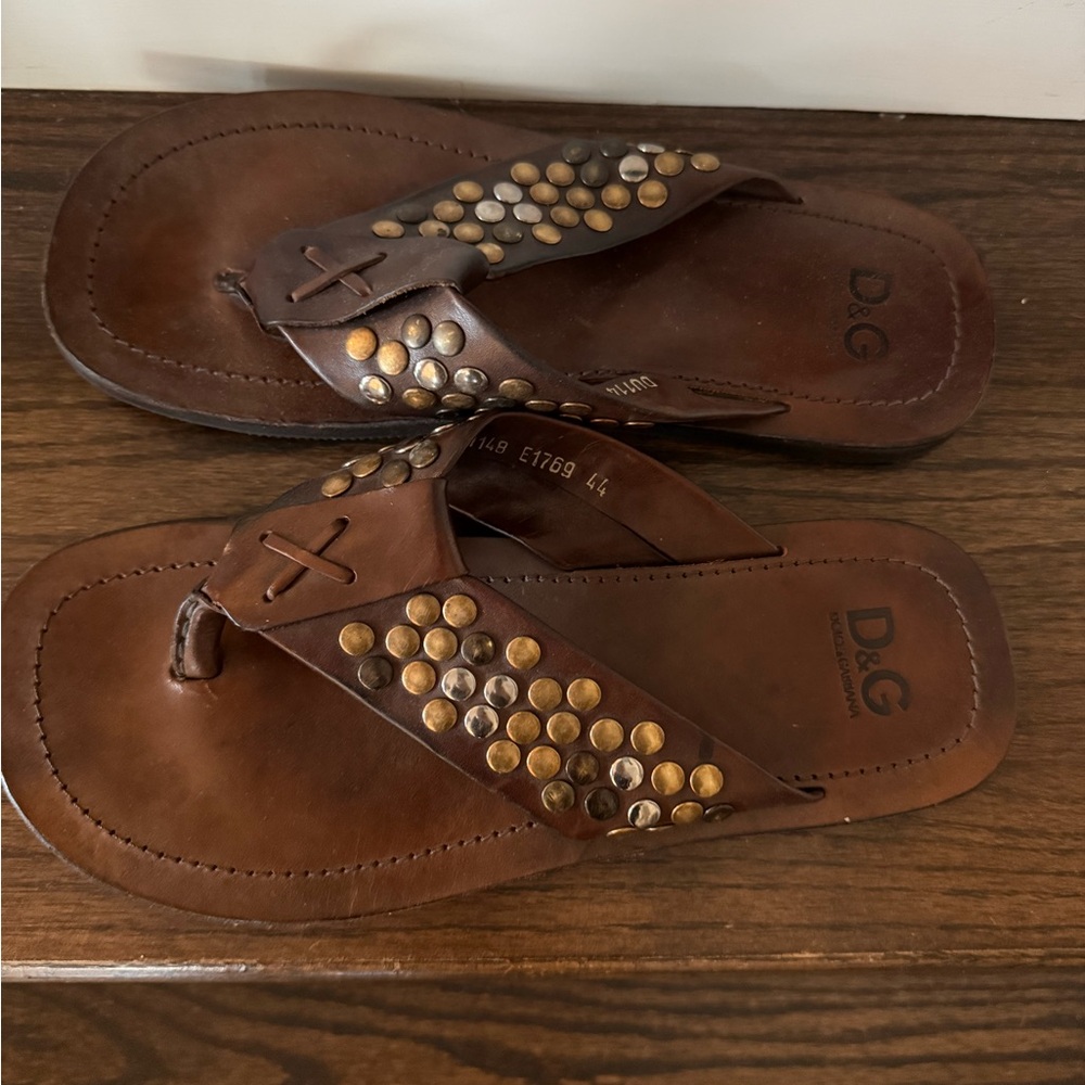 D&G Brown Leather Sandals with Gold Accents